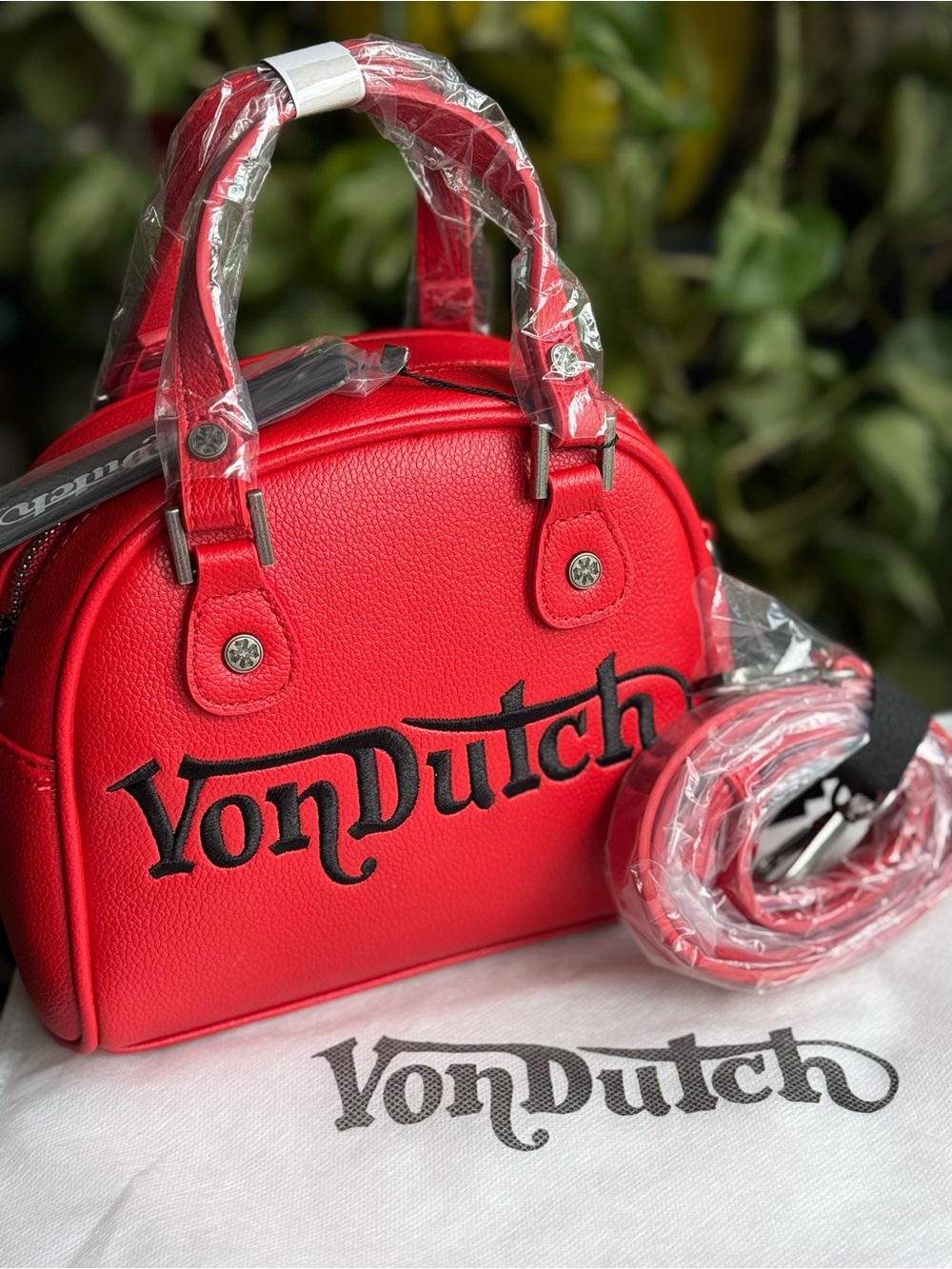 NWT Von Dutch Chopper Mini Bowler - Red with Black Logo - Crossbody Strap